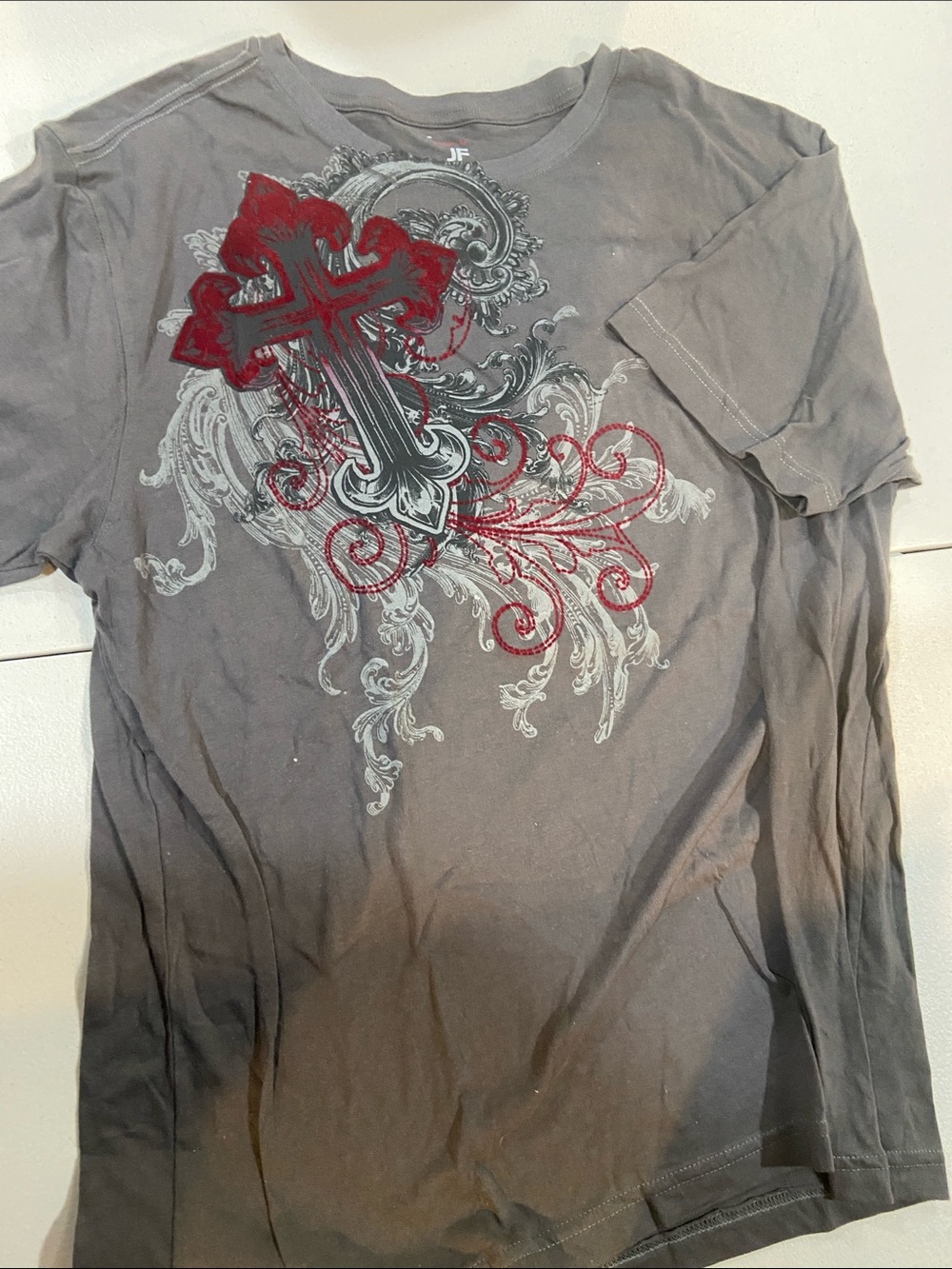 jf j.ferrar Gray Short Sleeve Tee with Red Cross Graphic